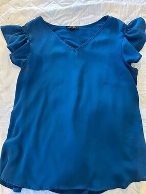 Papermoon Teal-Blue V-Neck Flutter Sleeve Blouse